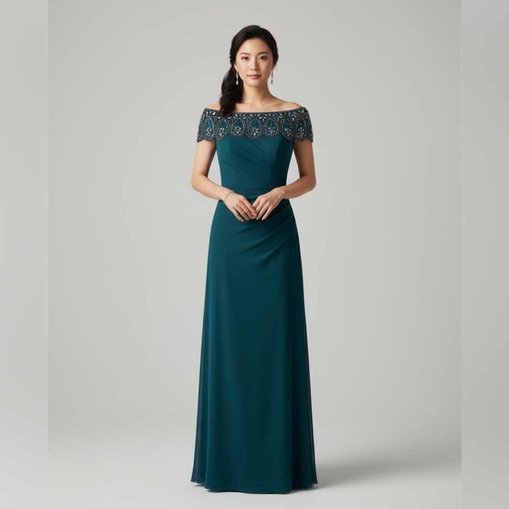 XSCAPE Off-Shoulder Emerald Beaded Gown | Size 10 | Formal Maxi Dress